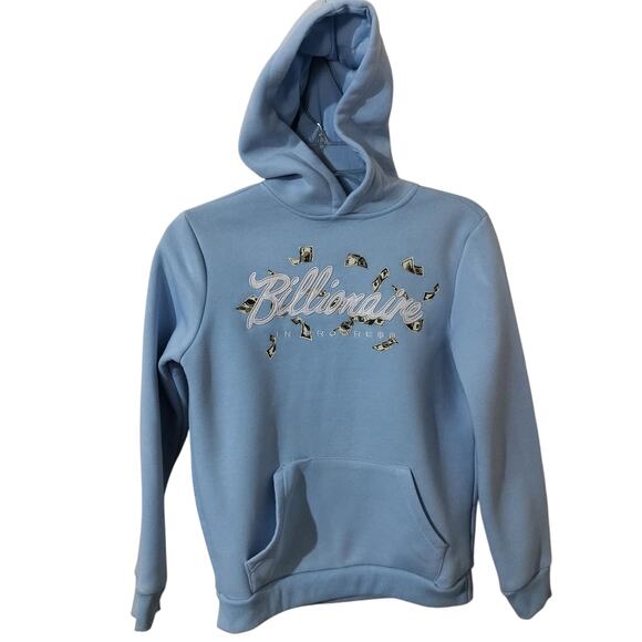 M750)Black Pike Boys Light Blue Billionaire Hoodie Size 10-12 - Picture 1 of 7